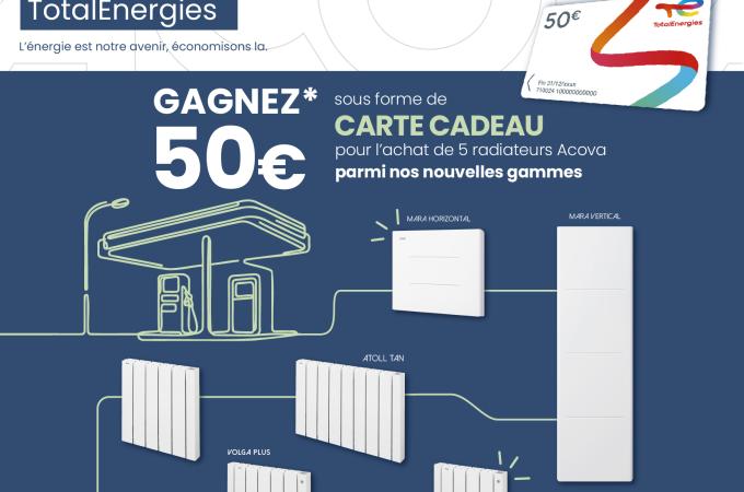 Présentation de l'offre carte cadeau 50 € pour l'achat de 5 radiateurs Atoll Tan, Volga Plus ou Mara