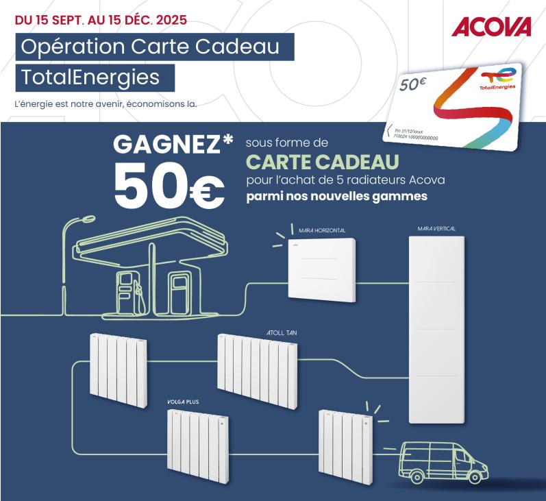 Présentation de l'offre carte cadeau 50 € pour l'achat de 5 radiateurs Atoll Tan, Volga Plus ou Mara